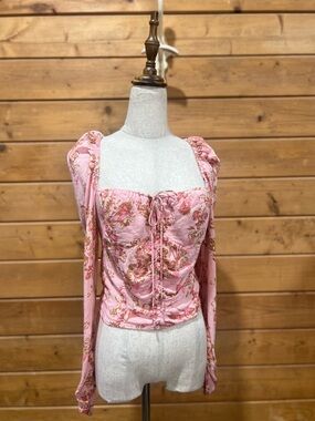 Free People Pink Floral Smocked Cottagecore Corset Blouse Medium